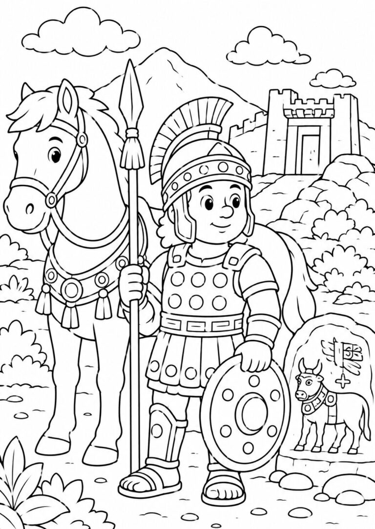A Roman soldier in detailed armor stands with a horse against a backdrop of a fortress and landscape. The illustration encourages learning about Roman history through engaging coloring activities for children.