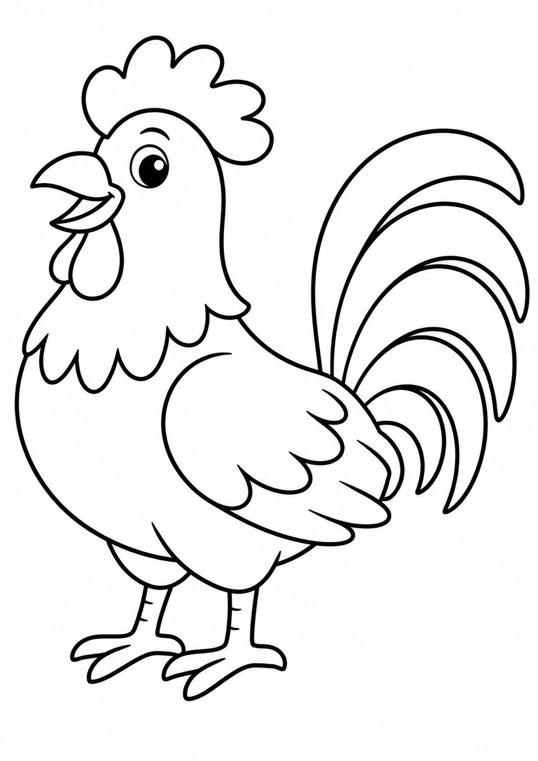 A detailed rooster coloring page showcasing a cheerful rooster with a prominent comb and tail feathers, allowing children to use their imagination and choice of colors to bring it to life.