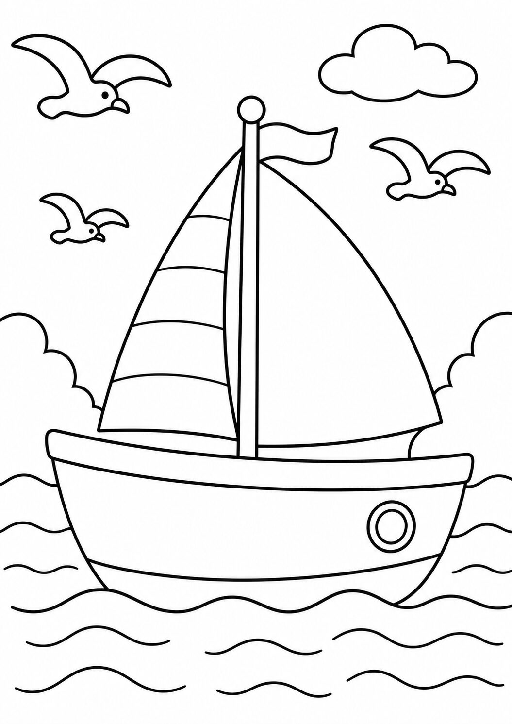 A charming sailboat on the sea, with waves, clouds, and three seagulls flying overhead. This coloring page offers a delightful ocean scene perfect for kids to explore their creativity.
