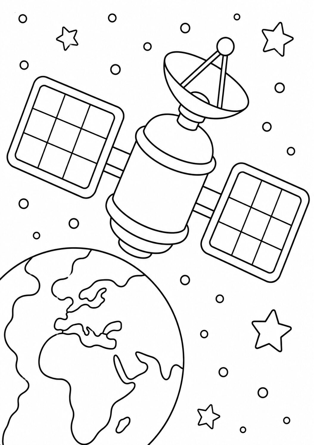 A satellite floating in space with Earth in the background, surrounded by stars. Children can color the satellite, Earth, and stars to learn about space and technology.