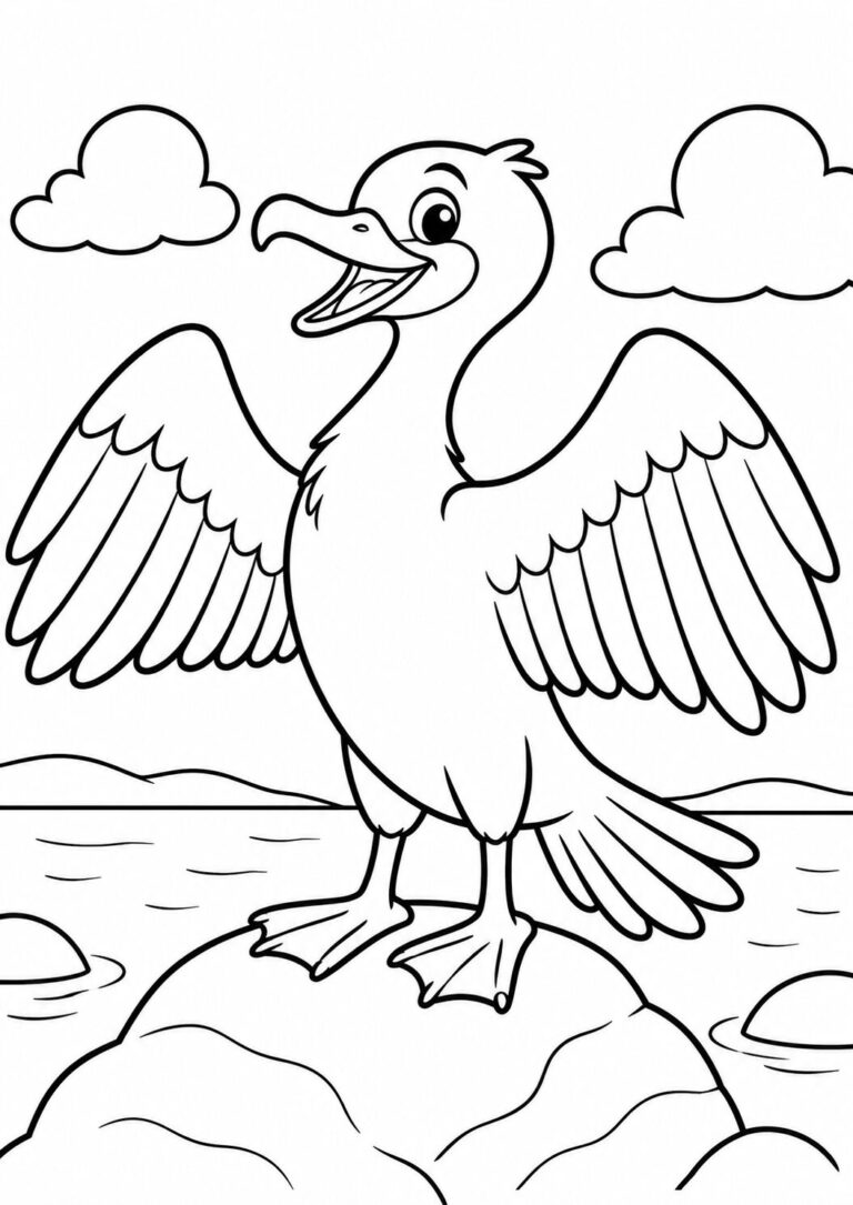 A cheerful seagull stands on a rock by the sea with its wings open. The background includes two fluffy clouds, enhancing the seaside theme. This coloring page is perfect for kids who love birds and coastal landscapes, offering a fun and engaging coloring activity.
