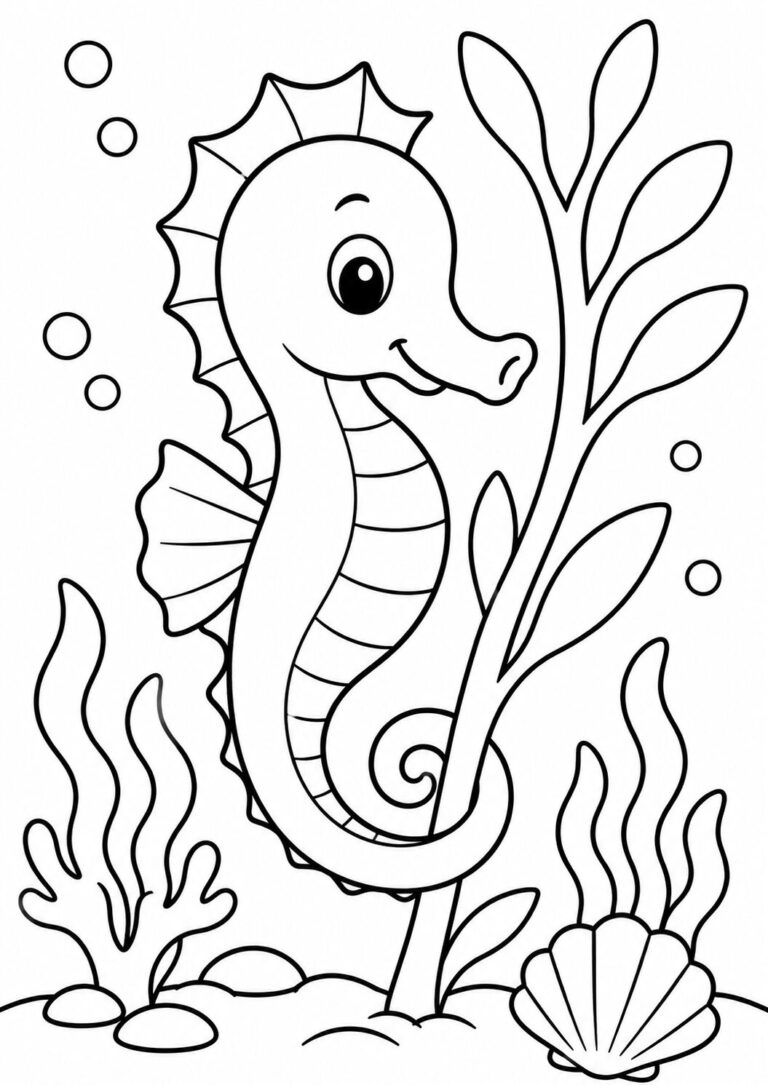 A children's coloring page depicting a cheerful seahorse with a whimsical eye and curled tail, swimming amidst seaweed and bubbles, perfect for young artists to bring vibrant colors to an underwater scene.