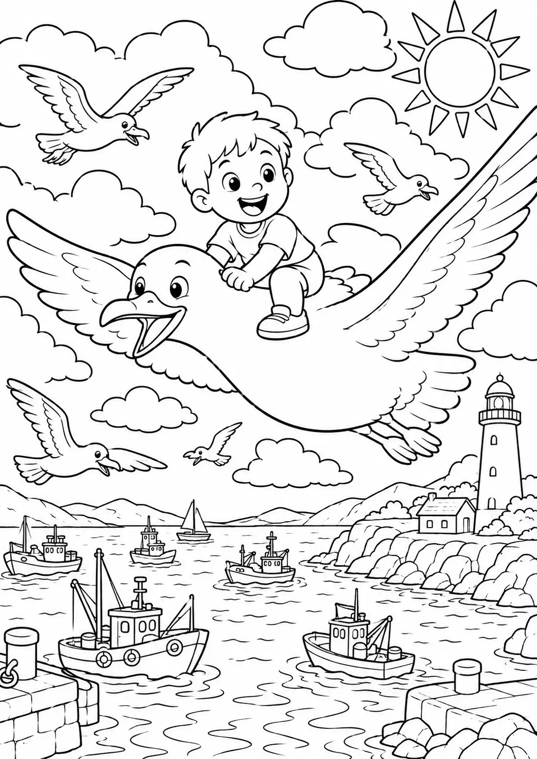 A child rides a large seagull above a bustling harbor with many boats, a lighthouse, and bright sun. The scene has clouds and other seagulls flying.