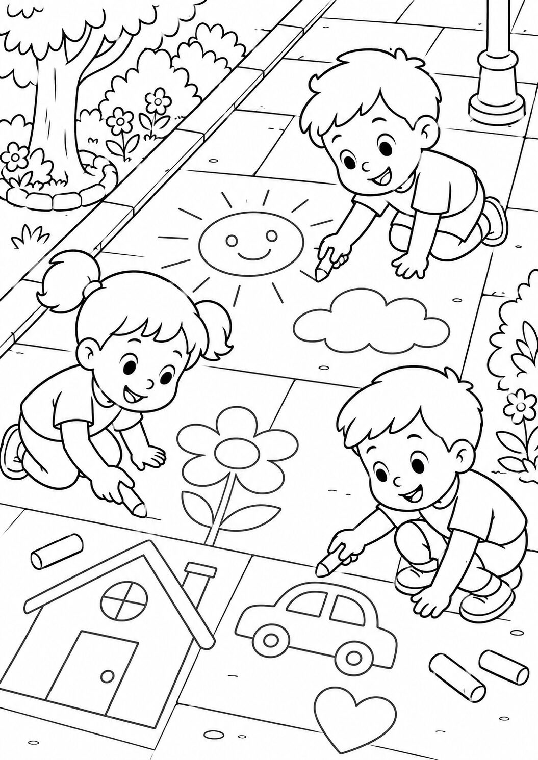A scene with three kids drawing with chalk on a sidewalk. They create a sun, flower, cloud, house, and car. The page encourages outdoor creativity and coloring fun.