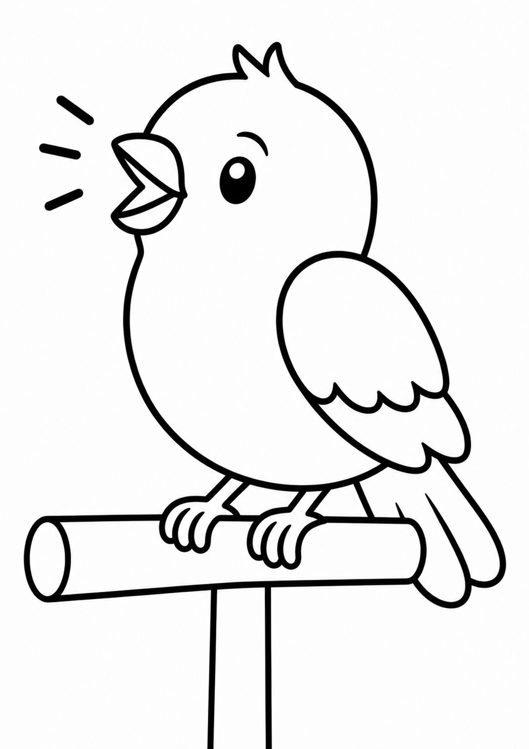 A singing bird perched on a branch, perfect for a children's coloring page. The outline is simple and easy for kids to color, encouraging creativity and learning about animals.