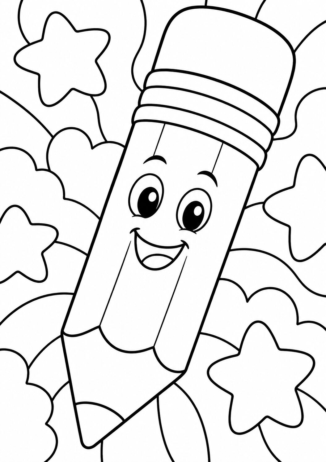A coloring page with a cheerful smiling pencil surrounded by stars and playful patterns, ideal for children to fill with bright colors and boost their creativity.