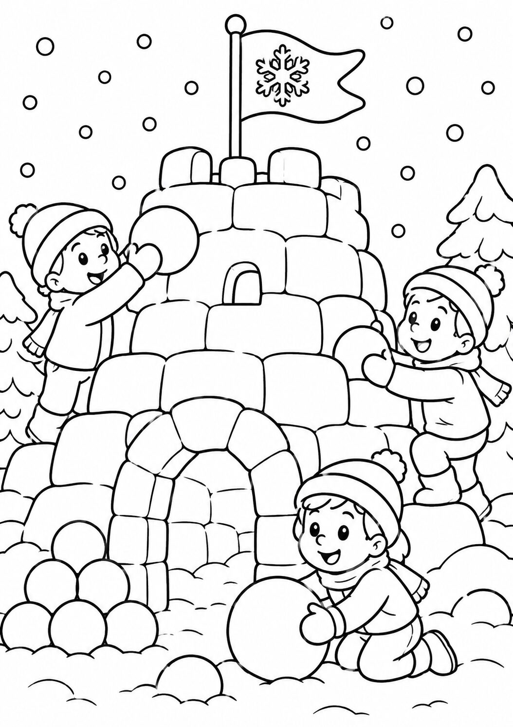 Children are building a snow fort, stacking snowballs and joyfully collaborating under a snowy sky. The scene captures winter fun and creativity, with a flag on top of the fort and gentle snowflakes falling.