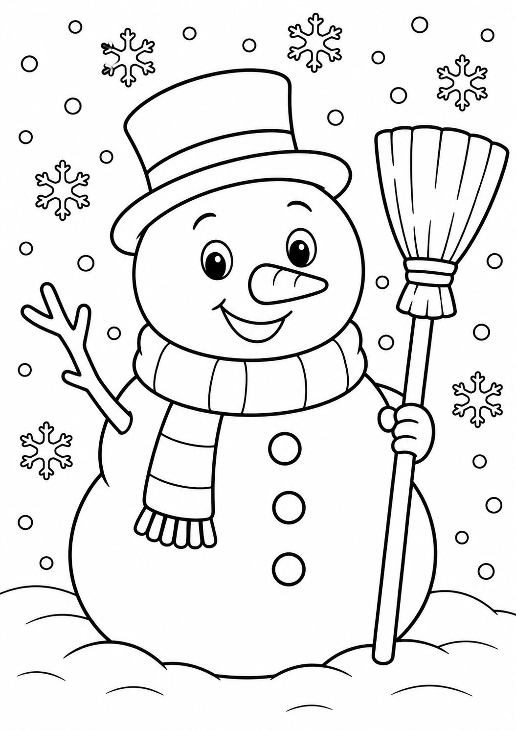 A cheerful snowman wearing a top hat and scarf, holding a broom, amidst falling snowflakes. This delightful coloring page captures the essence of winter fun and is perfect for kids to express their creativity.