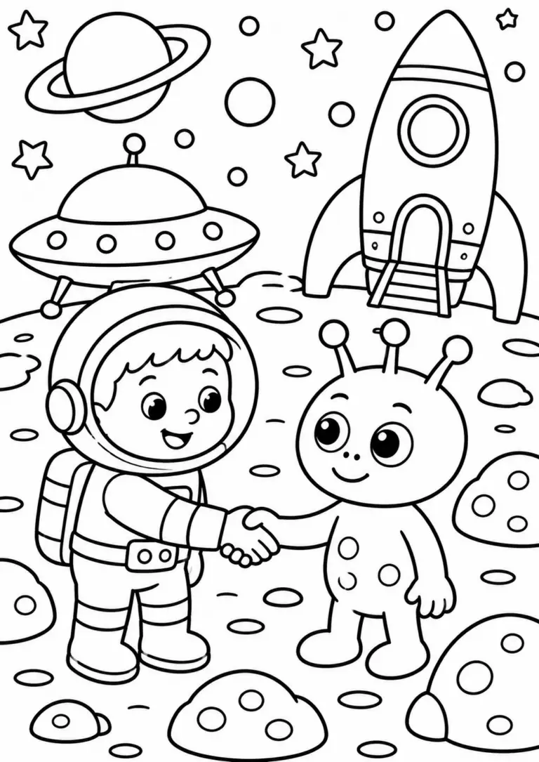 A children's coloring page featuring an astronaut and an alien shaking hands on a planet surface. The scene includes a rocket, a UFO, and stars in the background, providing an exciting space adventure setting for young imaginations.