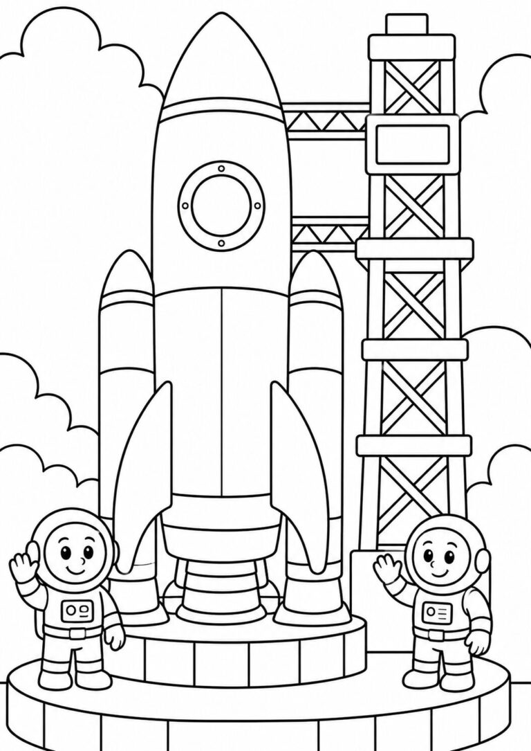 Two happy astronauts stand next to a rocket on a launch pad. The scene includes clouds and a structure supporting the rocket, creating an exciting space adventure theme.