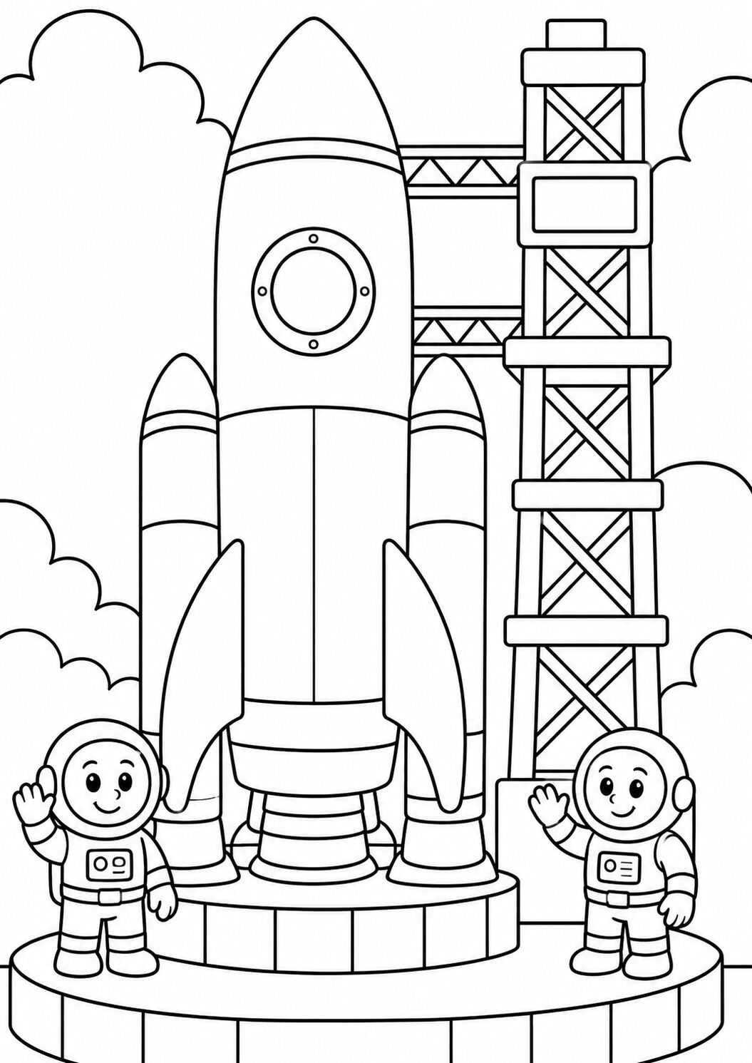 Two happy astronauts stand next to a rocket on a launch pad. The scene includes clouds and a structure supporting the rocket, creating an exciting space adventure theme.