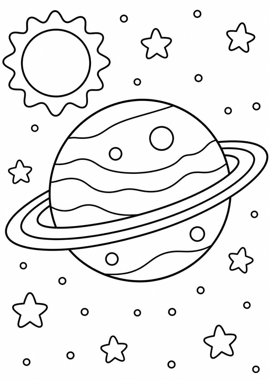 A detailed coloring page showing a large ringed planet, surrounded by stars and the sun, inviting kids to color and explore their imagination with this cosmic scene.