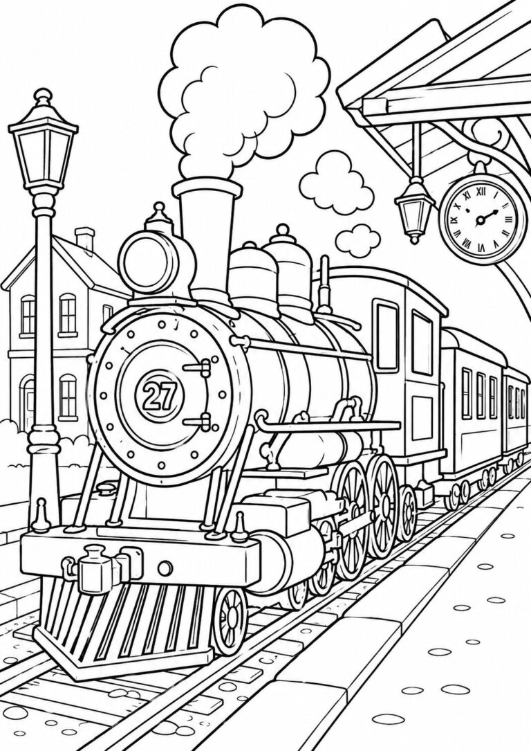 Detailed coloring page of a steam train at a station. Features include a station clock, platform, and a quaint station house. Children can add vibrant colors to the train and surroundings.