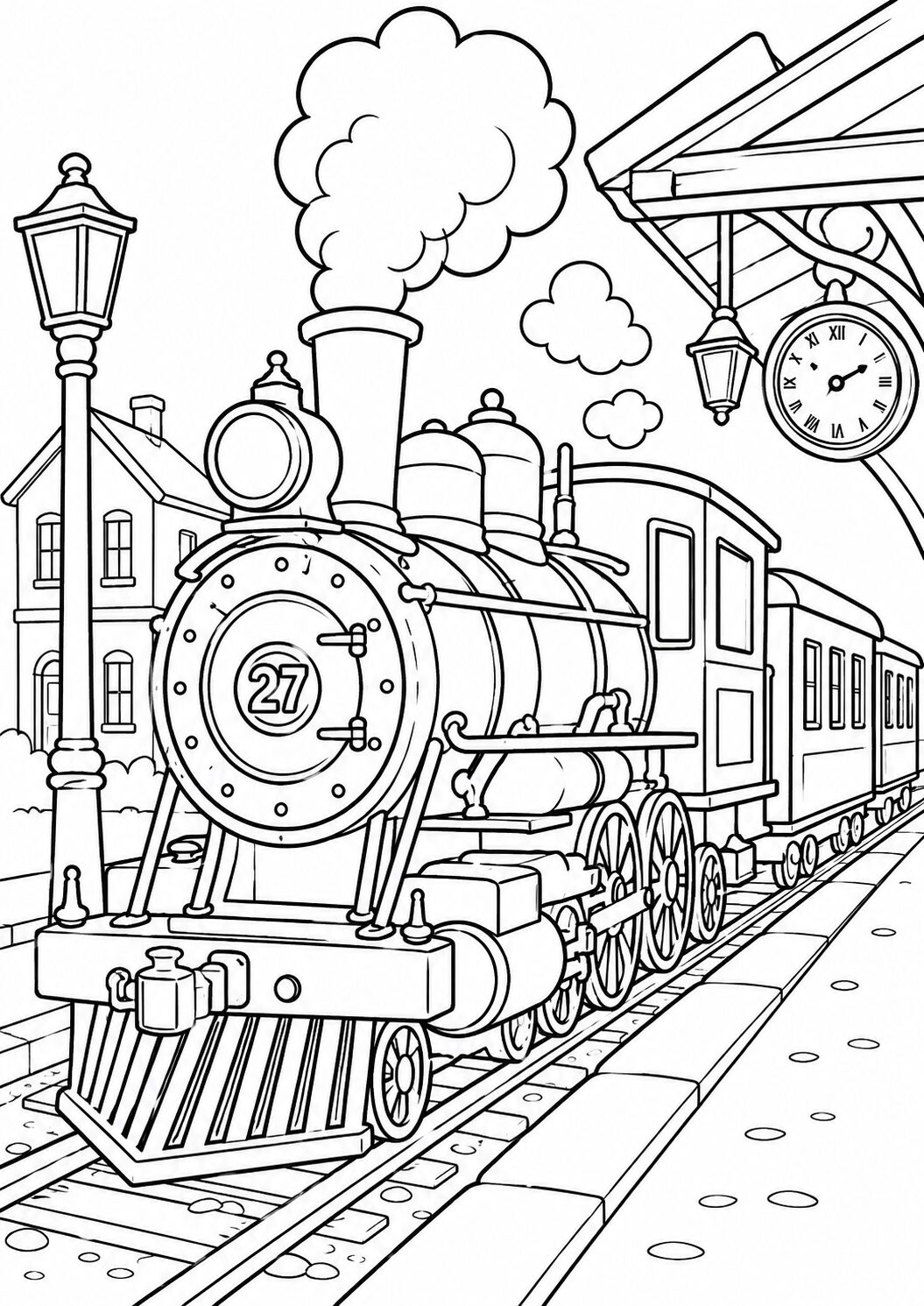 Detailed coloring page of a steam train at a station. Features include a station clock, platform, and a quaint station house. Children can add vibrant colors to the train and surroundings.