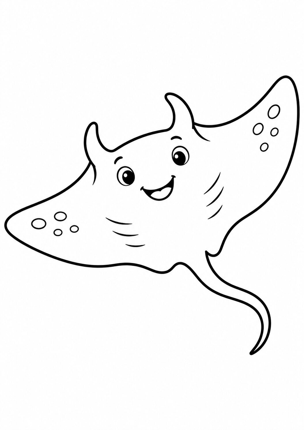 A friendly stingray coloring page with a smiling face and detailed fins, designed for children to explore their creativity and love for sea animals. Perfect for enhancing kids' fine motor skills.