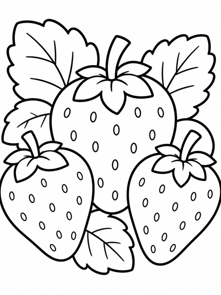 A coloring page depicting three large strawberries with surrounding leaves for children to color. The image offers an opportunity for creative exploration and learning about fruits.