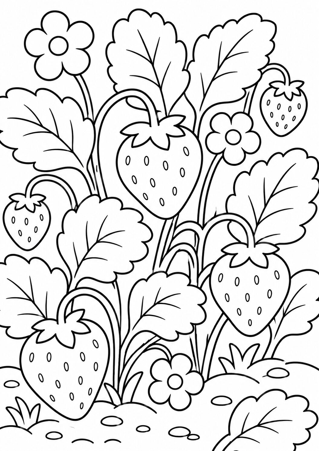A children's coloring page showing strawberries, leaves, and flowers. The design is simple and playful, providing a fun coloring activity for kids. Perfect for creativity and skill development.