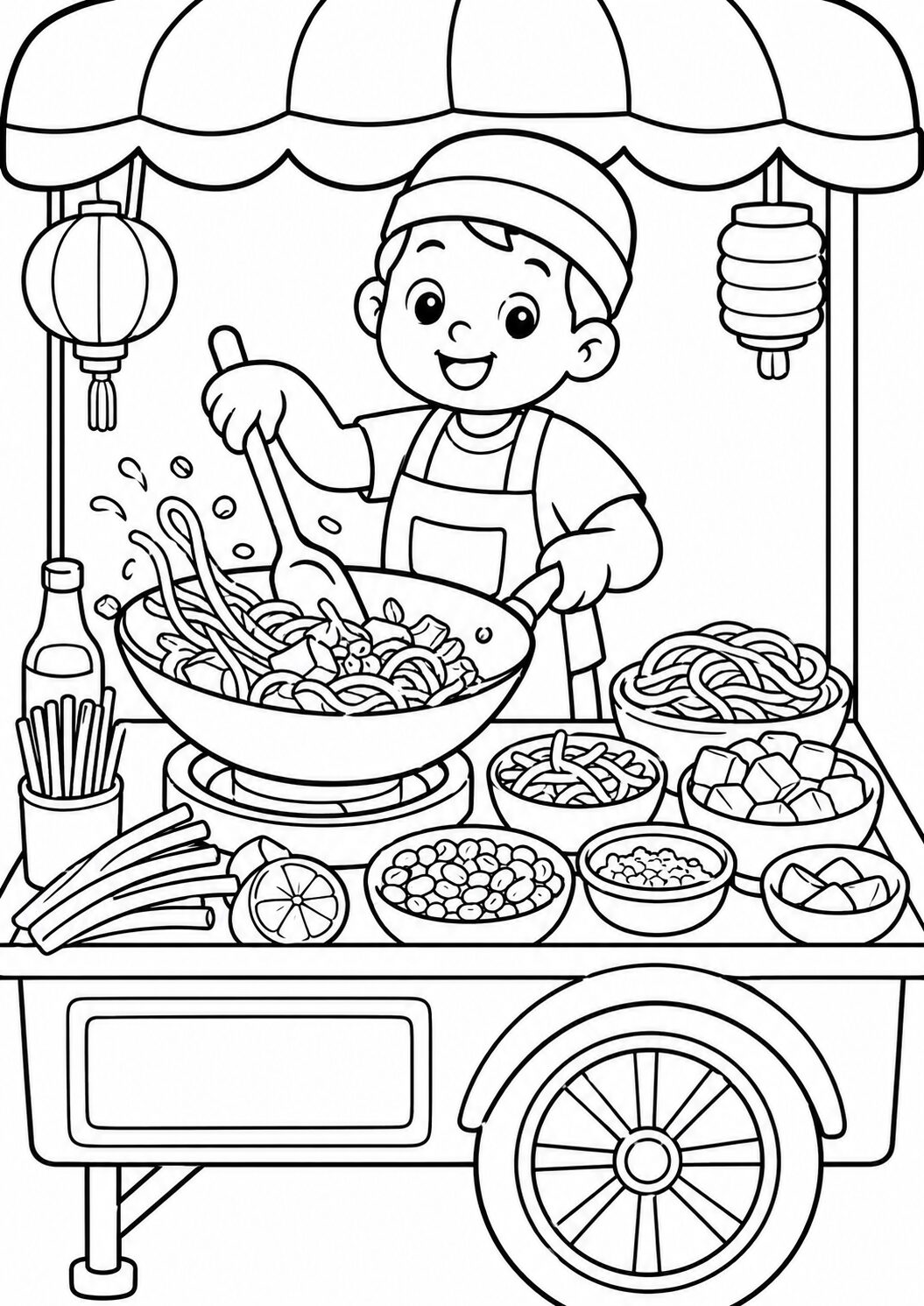 The coloring page features a street food vendor at a cart. The vendor is cooking noodles with various ingredients around. Kids can color the umbrella, the vendor’s smile, and the delicious bowls filled with food.