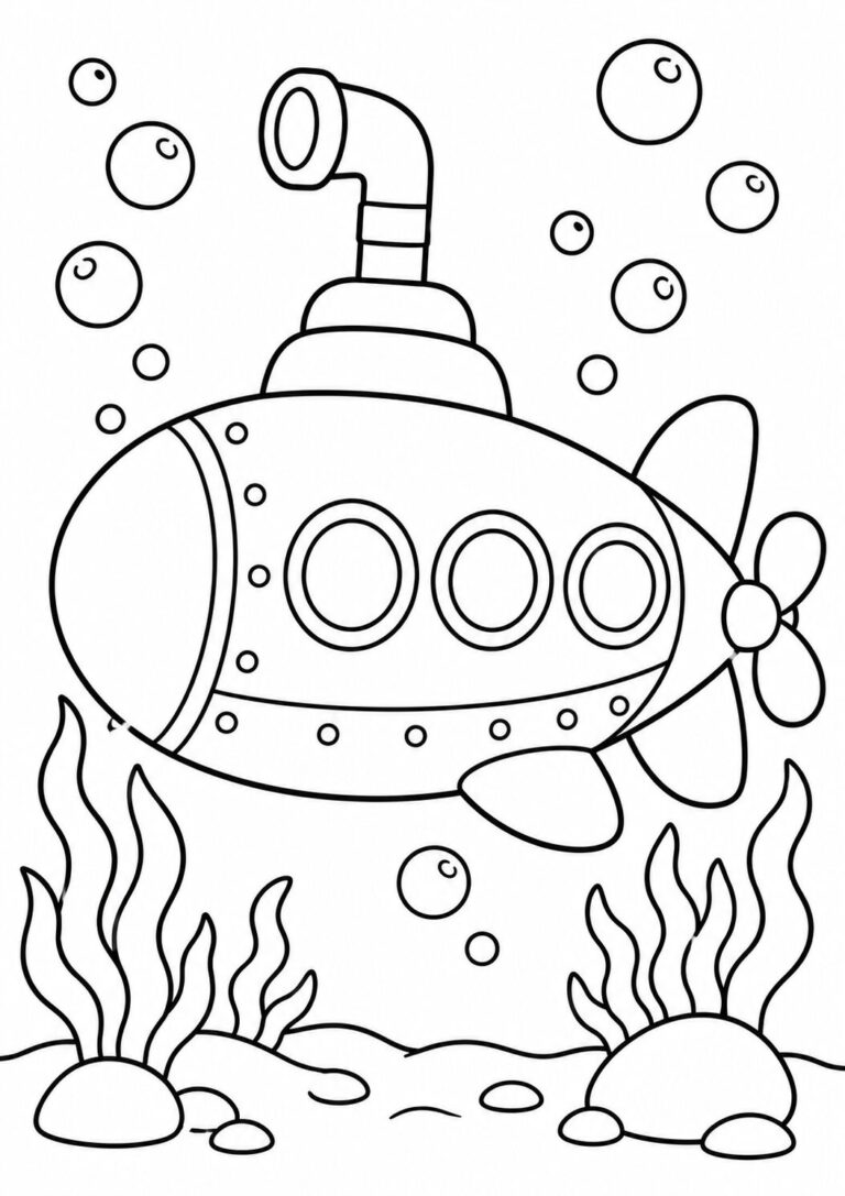 A submarine immersed in an underwater scene, surrounded by bubbles and sea plants, perfect for children's coloring activities. Encourage creativity and marine exploration through this fun, detailed design.