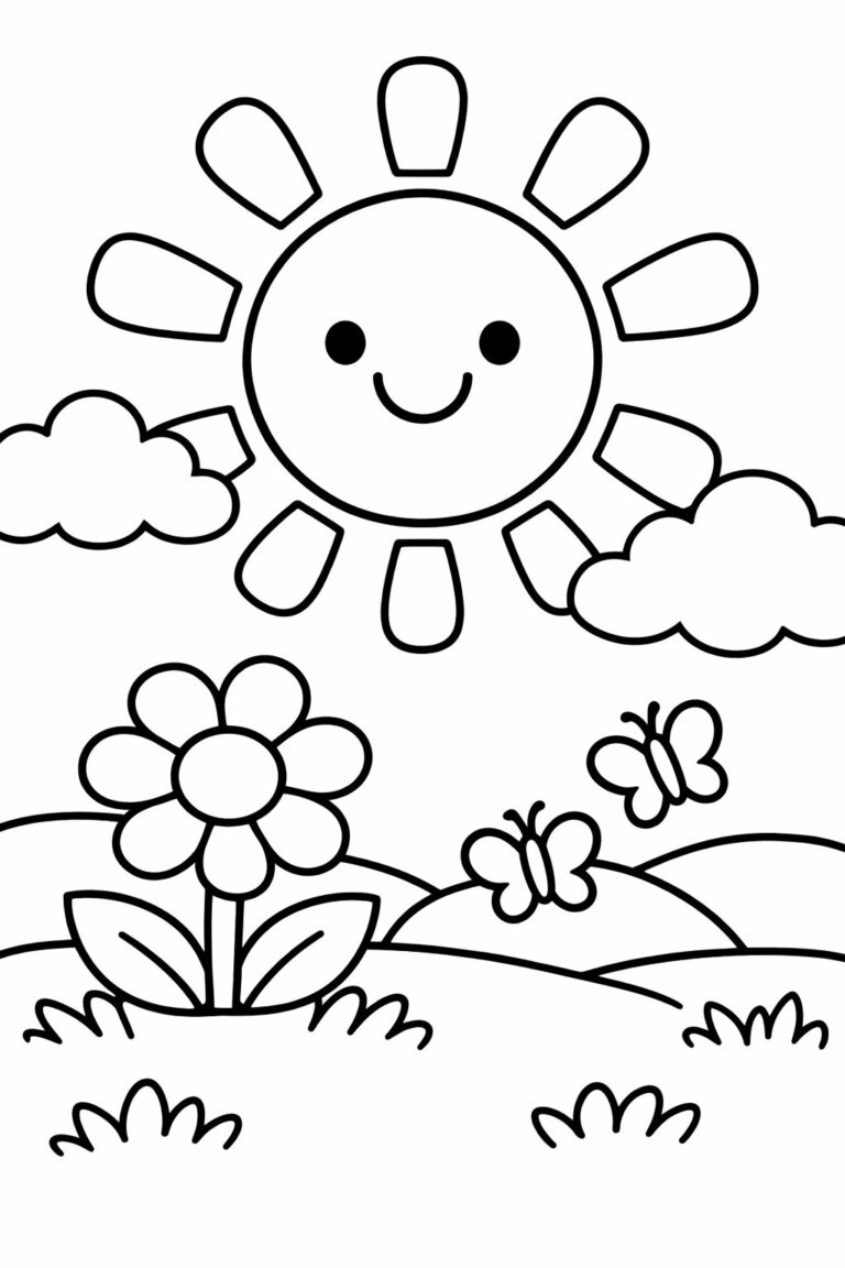 A children's coloring page with a smiling sun, fluffy clouds, a flower, and butterflies in a sunny landscape. Perfect for kids to color and inspire creativity while enhancing fine motor skills. A joyful depiction of nature and happiness.