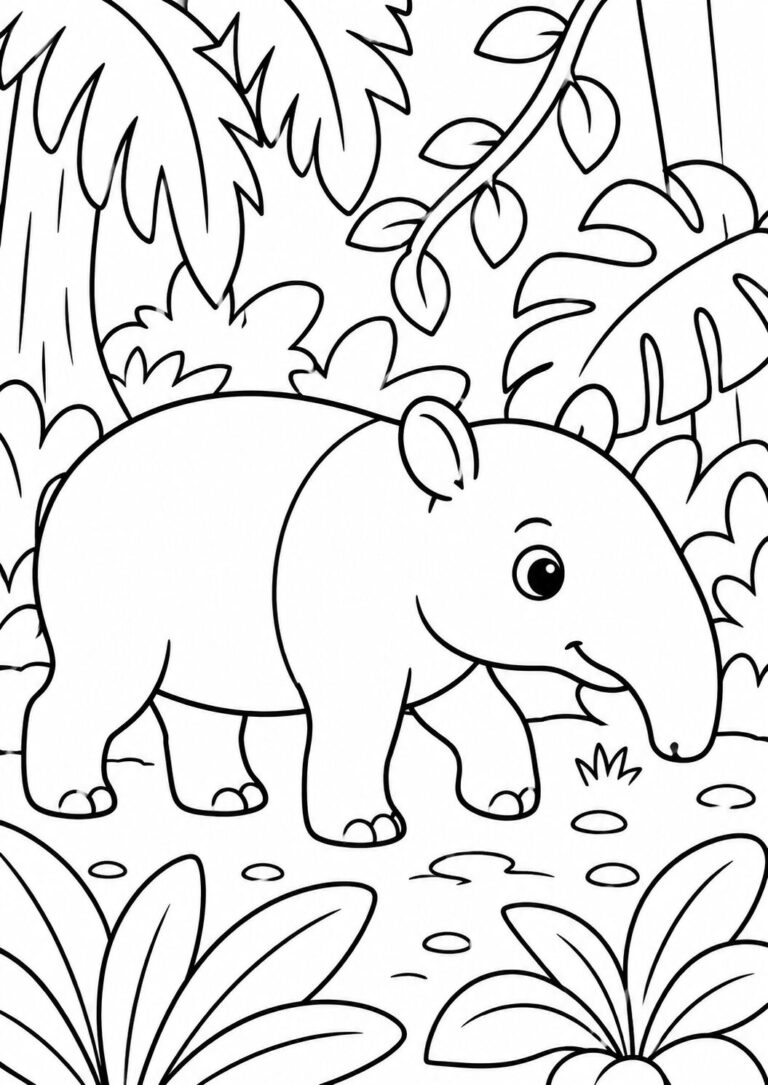 A coloring page showing a tapir in a jungle with detailed foliage, including large leaves and trees, inviting kids to use various colors and unleash their creativity in designing an engaging natural scene.