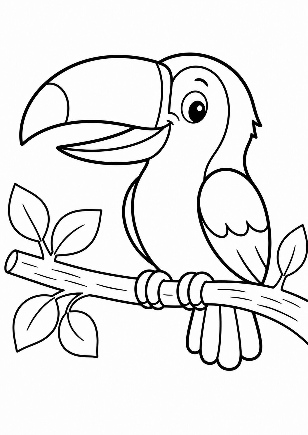 Coloring page featuring a happy toucan sitting on a branch. The simple design invites children to color the toucan's distinctive bill and feathers, enhancing their creativity and attention to detail through this fun and educational activity.