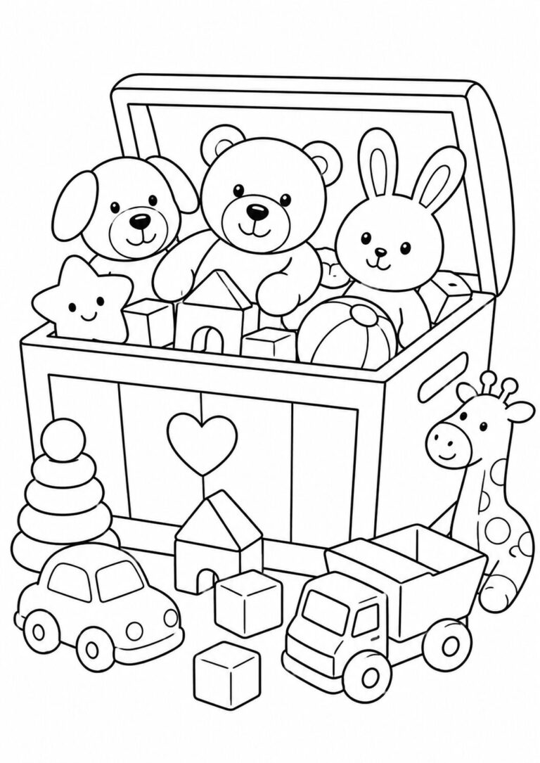 A toy chest coloring page featuring a teddy bear, bunny, puppy, star, blocks, and a giraffe. Children will enjoy coloring these adorable elements and bringing them to life with their favorite colors.