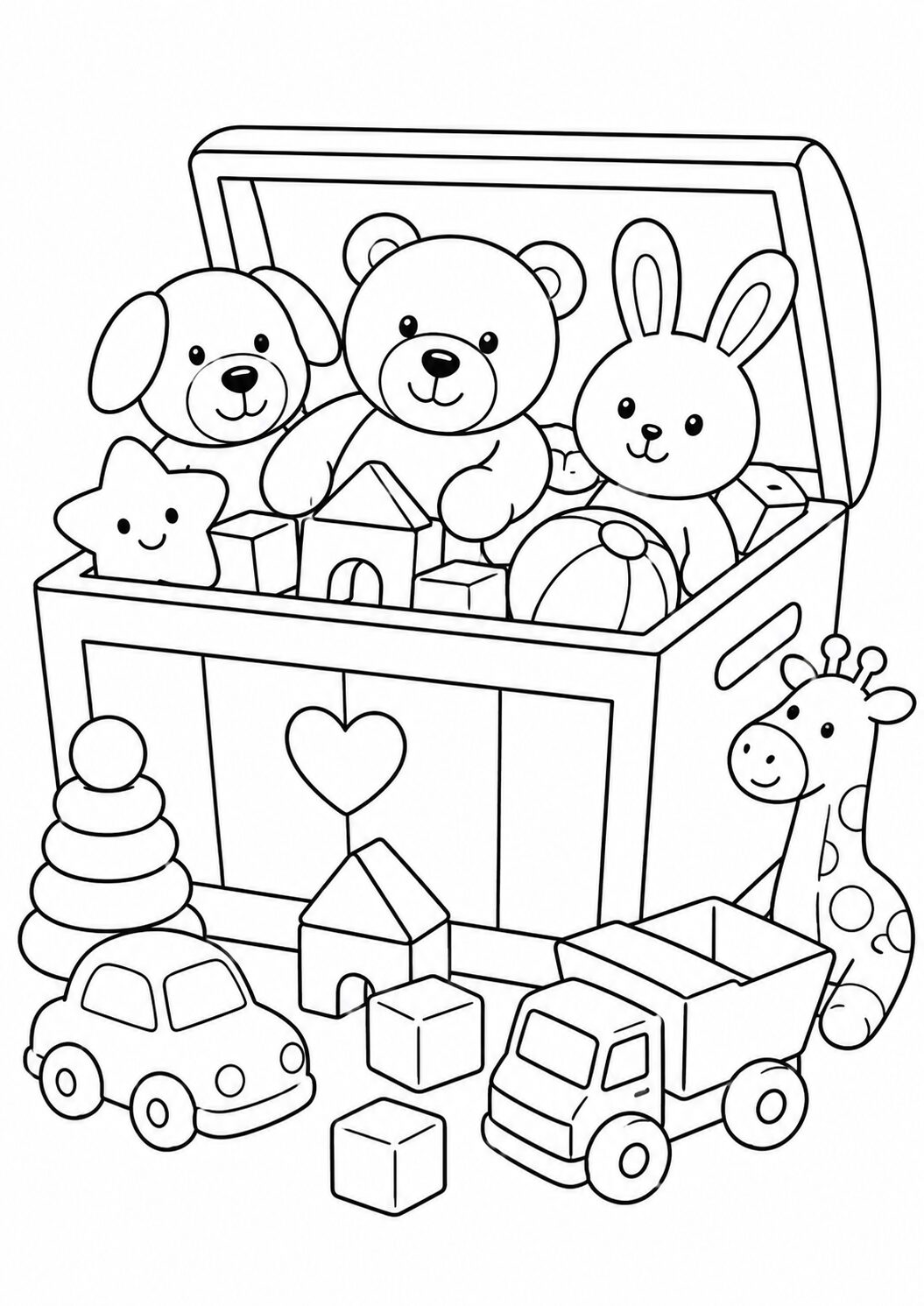 A toy chest coloring page featuring a teddy bear, bunny, puppy, star, blocks, and a giraffe. Children will enjoy coloring these adorable elements and bringing them to life with their favorite colors.