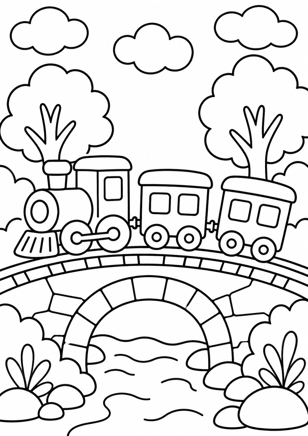 A coloring page showing a train crossing a stone bridge over a river. The scene includes trees, clouds, and a peaceful landscape, inviting children to engage in creative coloring.