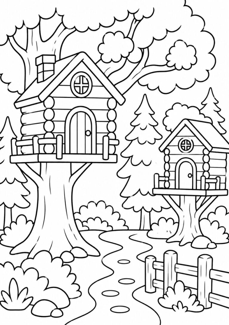 Black and white coloring page featuring two treehouses perched on large trees. Surrounding landscape includes bushes, trees, and a pathway, inviting children to color the natural setting creatively.