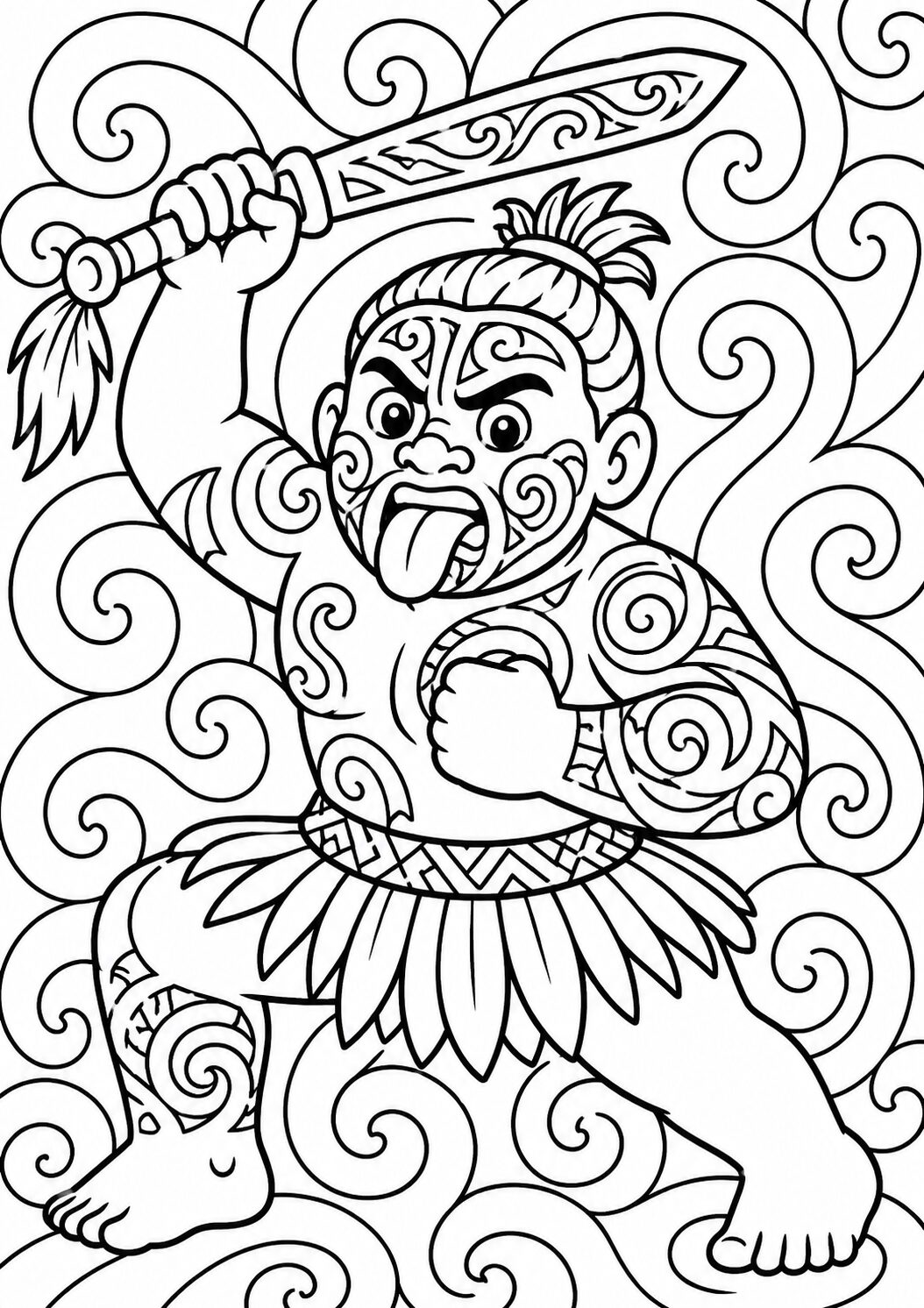 A tribal warrior with intricate tattoos and a dynamic pose, gripping a weapon, set against swirling patterns. This scene invites children to explore vibrant colors and intricate details, enhancing their creativity and appreciation for cultural art.