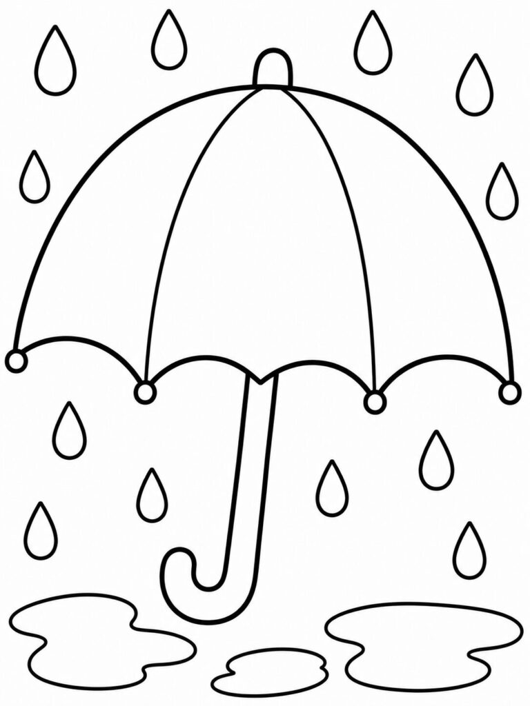Coloring page showing a large umbrella with raindrops and puddles. Ideal for kids to color and learn about rainy weather. Great for creative expression and practicing coloring skills with simple outlines and clear shapes.