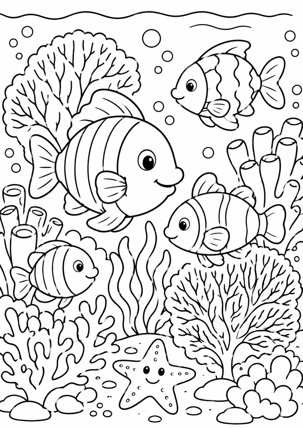 Children's coloring page featuring a lively underwater scene with friendly fish among intricately drawn coral reefs, encouraging creativity and oceanic learning for kids.