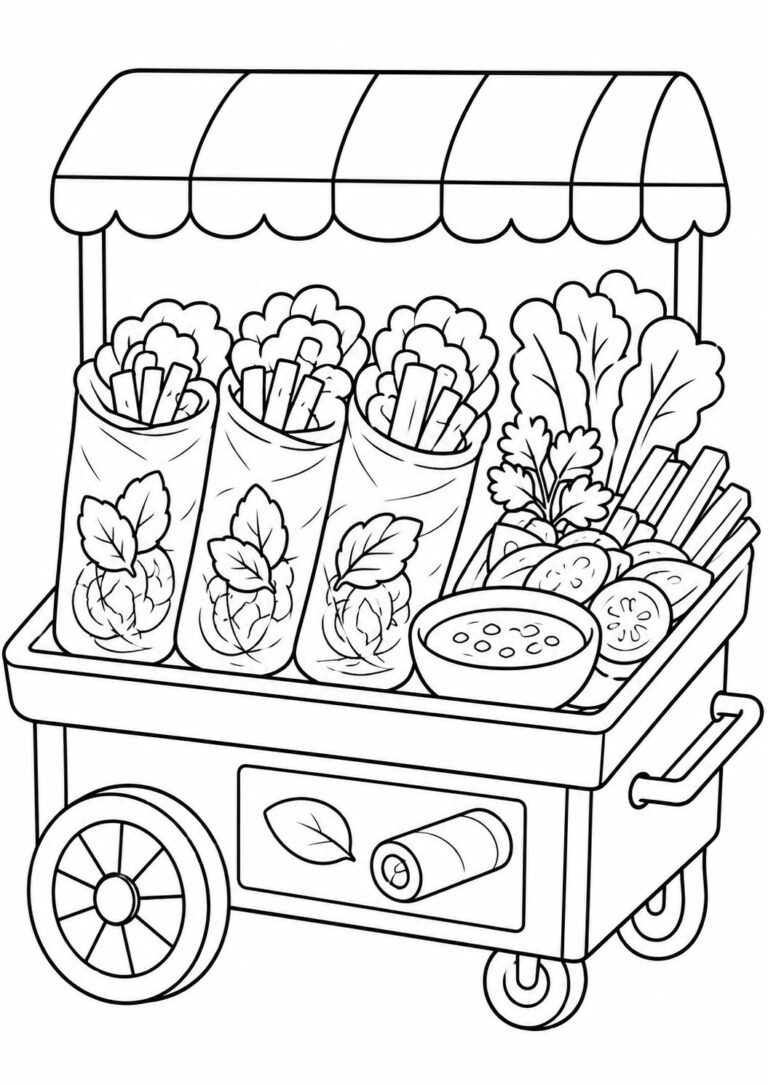 A vegetable cart coloring page including wraps, vegetables like lettuce, carrots, tomatoes, and a bowl of dip, designed for kids to use in coloring activities.