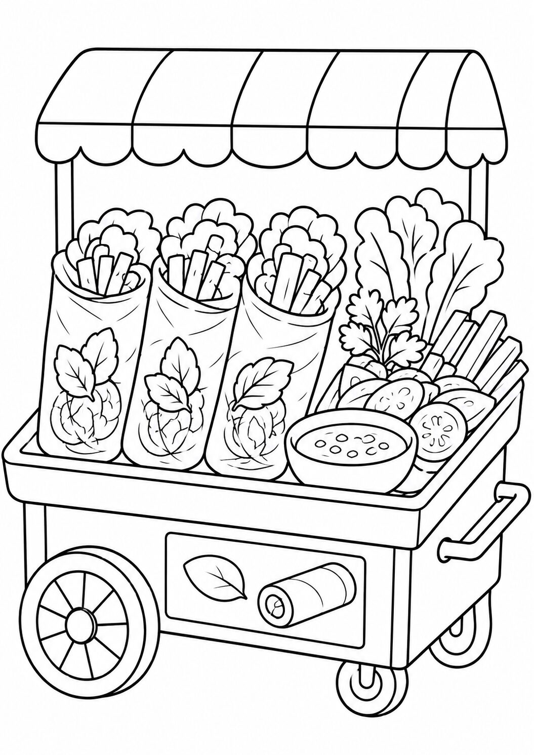 A vegetable cart coloring page including wraps, vegetables like lettuce, carrots, tomatoes, and a bowl of dip, designed for kids to use in coloring activities.