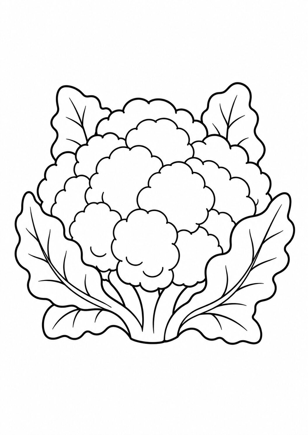 A coloring page showing a detailed illustration of a cauliflower. It is designed for children to color and learn about vegetables, enhancing their creativity and knowledge about healthy food.