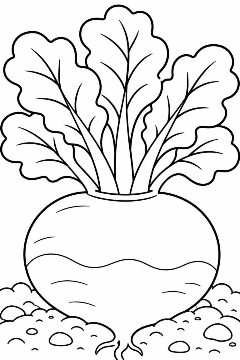 A coloring page showing a large vegetable with leafy tops. Children can color the vegetable and leaves, encouraging learning about healthy foods and agriculture. Ideal for educational and creative activities.