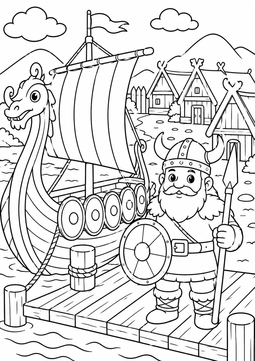 Coloring page of Viking with ship on dock, village and hills.