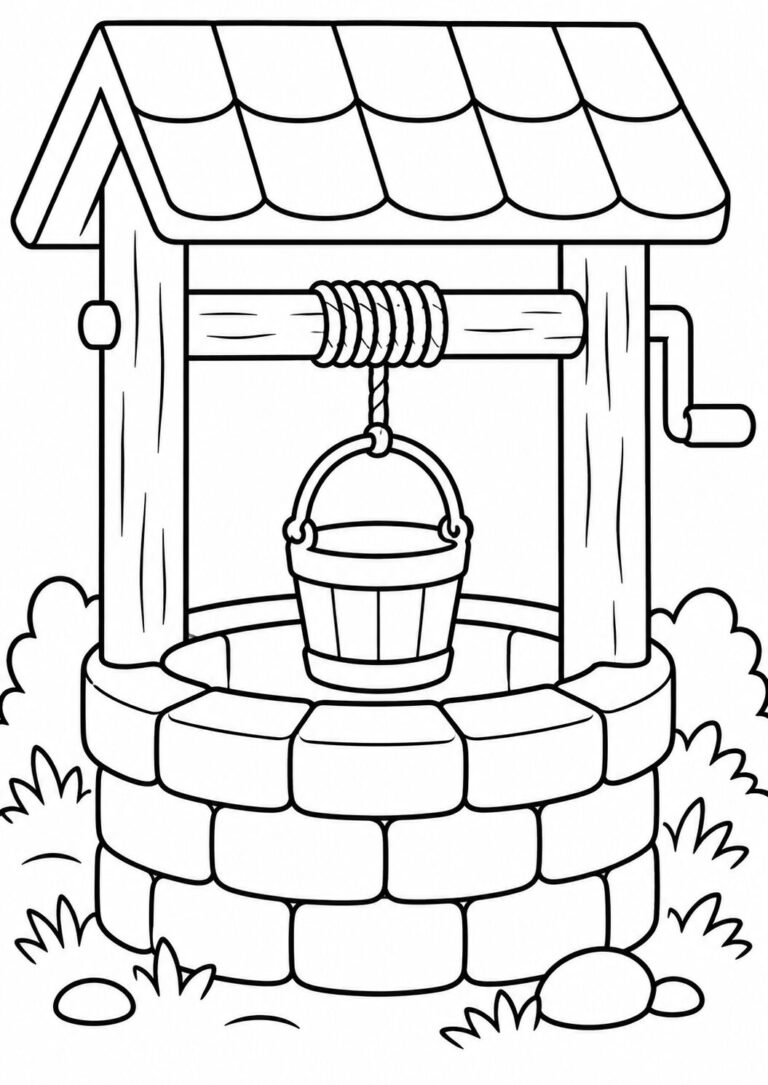 A coloring page of a charming wishing well with a bucket, surrounded by foliage. Children can enjoy coloring the detailed design, enhancing their creativity and artistic skills.