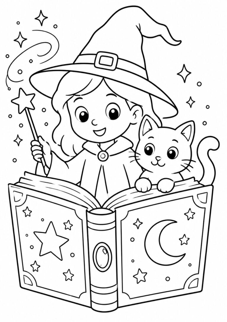 A cute witch holding a wand stands beside a cat, reading a magical book with starry details. Ideal for kids who enjoy coloring fantasy-themed illustrations.