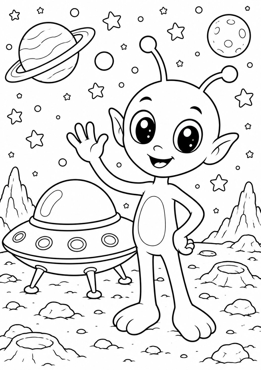 A coloring page depicting a friendly alien waving cheerfully against a space backdrop with planets and a spaceship, inviting children to explore the stars and engage in creative coloring play.