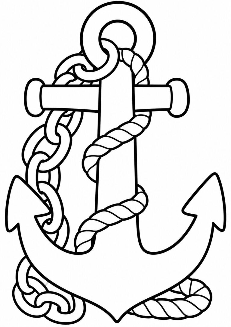 Children's coloring page of an anchor with a rope and chain, perfect for nautical-themed creativity and fun learning experiences.