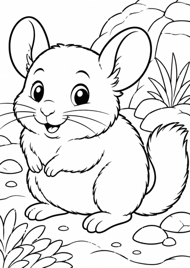 Adorable chinchilla sitting happily in its natural habitat. The coloring page showcases its fluffy fur and cheerful expression amidst rocks and vegetation, perfect for young animal enthusiasts.