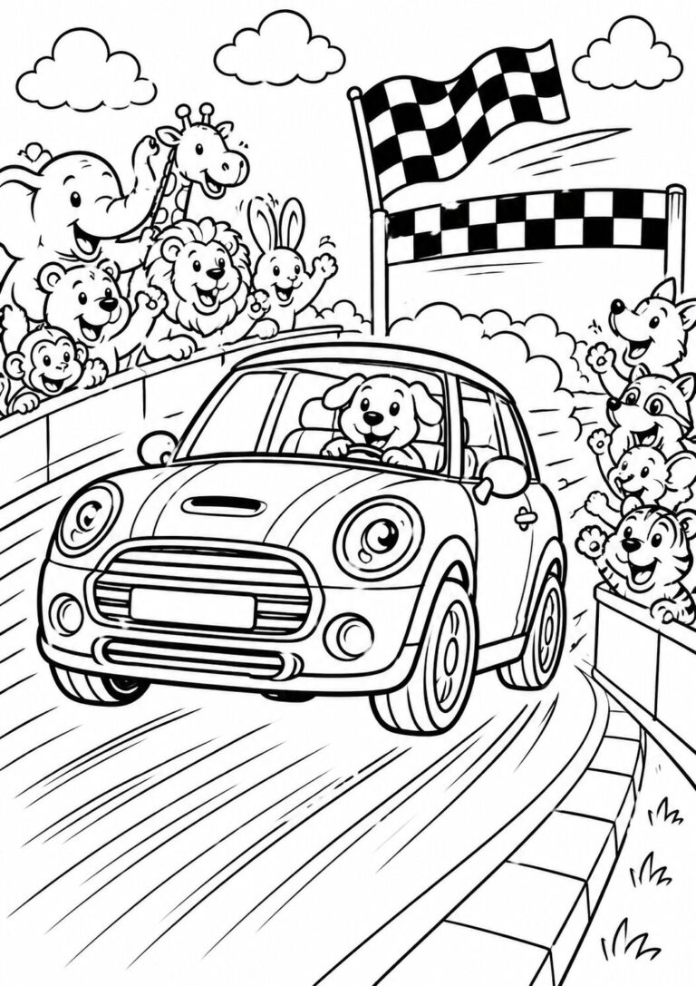 Children will enjoy coloring a race car with a dog driver in a lively race setting. Friendly animals like elephants and lions cheer as the car speeds by, capturing the excitement of a fun race scene.