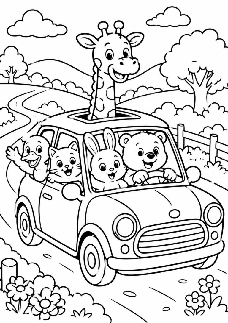 A charming coloring page of cute animals enjoying a road trip. A bear is driving a car, accompanied by a rabbit, cat, duck, and giraffe popping through the sunroof, set against a scenic landscape.