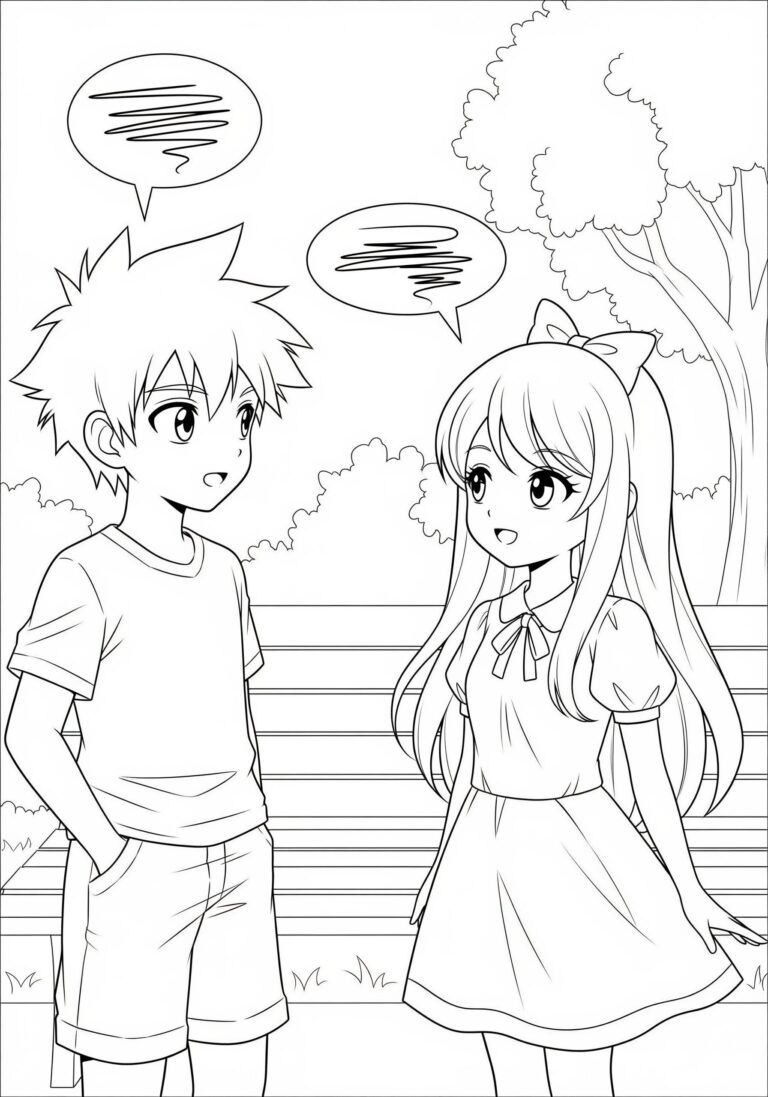 Two anime characters engage in a friendly conversation at a park. One character has short hair wearing a t-shirt and shorts, while the other has long hair with a ribbon, dressed in a dress. The park features trees and a bench.