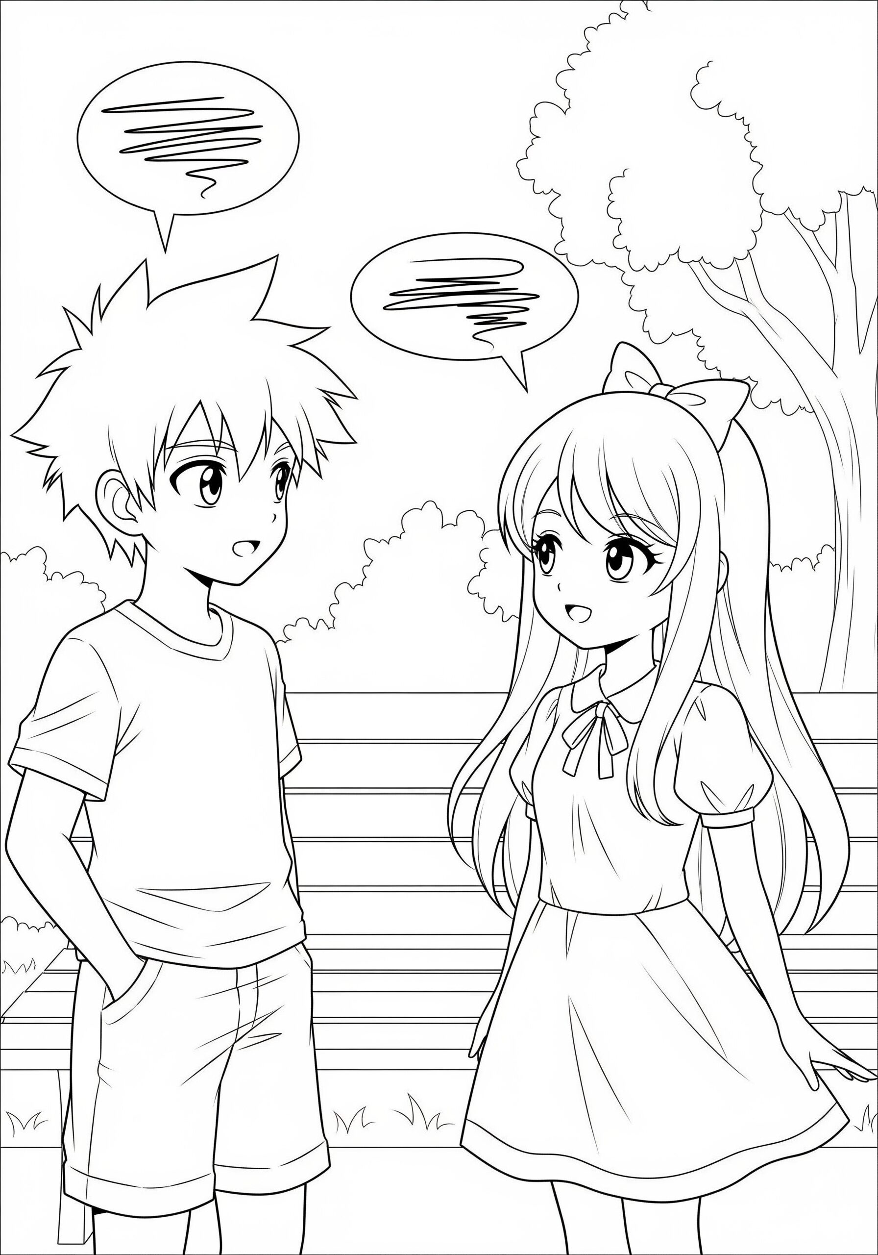 Two anime characters engage in a friendly conversation at a park. One character has short hair wearing a t-shirt and shorts, while the other has long hair with a ribbon, dressed in a dress. The park features trees and a bench.