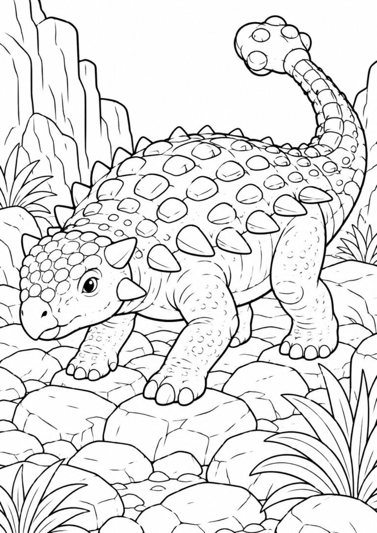 Detailed coloring page of an Ankylosaurus set in a prehistoric landscape, featuring rocks and plants. Children can use various colors to bring this armored dinosaur to life.