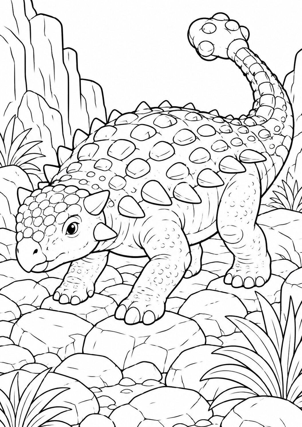 Detailed coloring page of an Ankylosaurus set in a prehistoric landscape, featuring rocks and plants. Children can use various colors to bring this armored dinosaur to life.