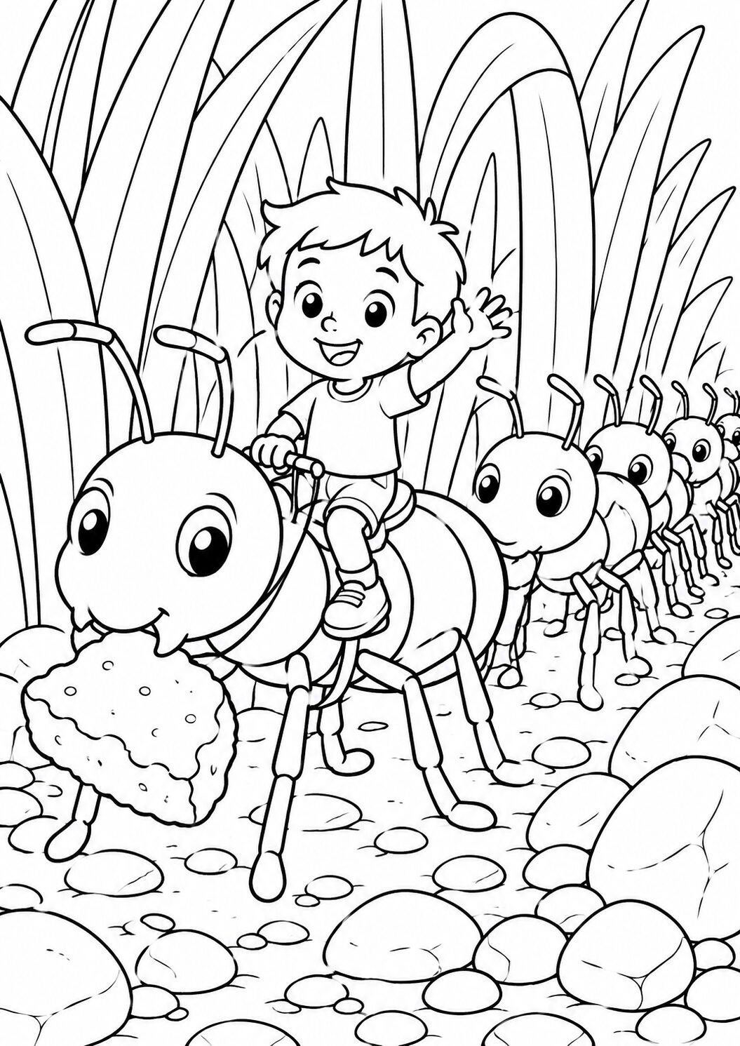 A child rides an ant, leading a line of friendly ants through tall grass and stones. This engaging coloring page encourages imagination and creativity while offering a fun depiction of a whimsical adventure.